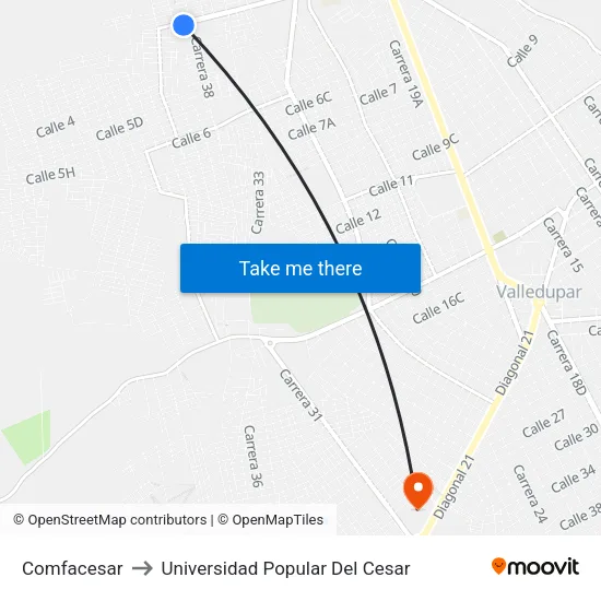 Comfacesar to Universidad Popular Del Cesar map