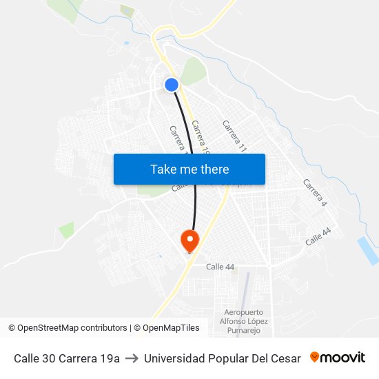 Calle 30 Carrera 19a to Universidad Popular Del Cesar map