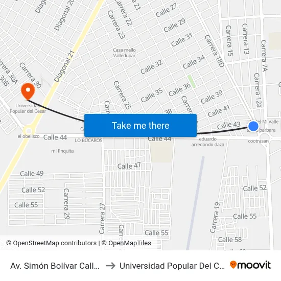 Av. Simón Bolívar Calle 43 to Universidad Popular Del Cesar map