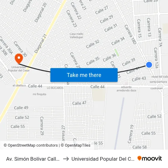 Av. Simón Bolívar Calle 41 to Universidad Popular Del Cesar map
