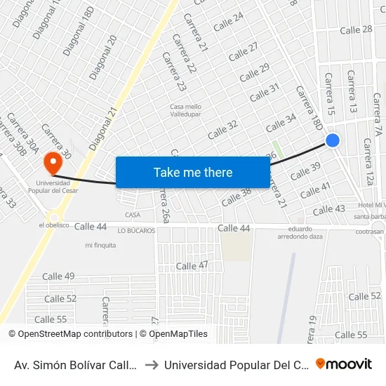 Av. Simón Bolívar Calle 38 to Universidad Popular Del Cesar map