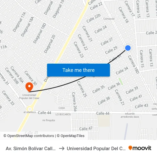 Av. Simón Bolívar Calle 30 to Universidad Popular Del Cesar map