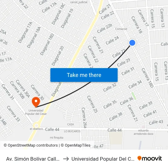 Av. Simón Bolívar Calle 26 to Universidad Popular Del Cesar map