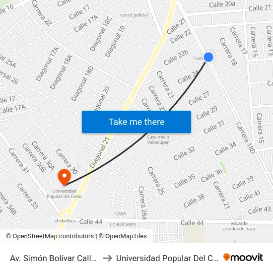 Av. Simón Bolívar Calle 23 to Universidad Popular Del Cesar map