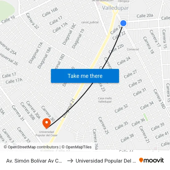 Av. Simón Bolívar Av Calle 21 to Universidad Popular Del Cesar map