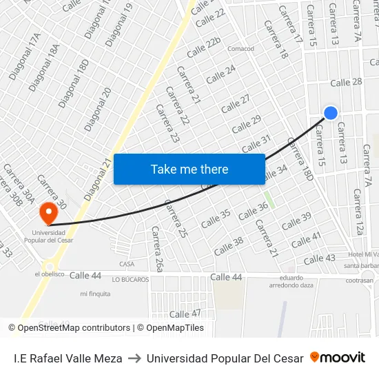 I.E Rafael Valle Meza to Universidad Popular Del Cesar map
