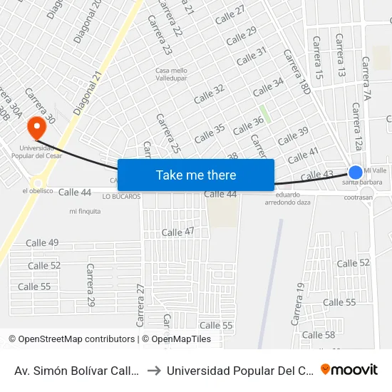 Av. Simón Bolívar Calle 43 to Universidad Popular Del Cesar map