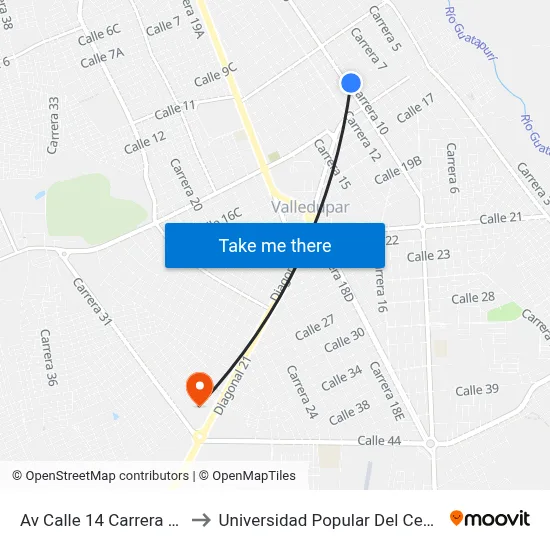 Av Calle 14 Carrera 10 to Universidad Popular Del Cesar map