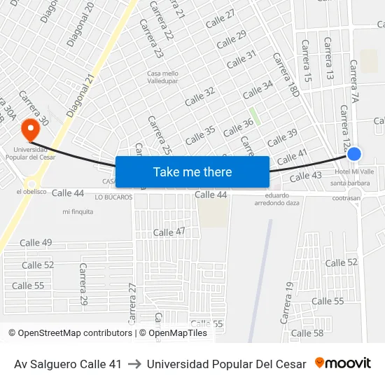 Av Salguero Calle 41 to Universidad Popular Del Cesar map
