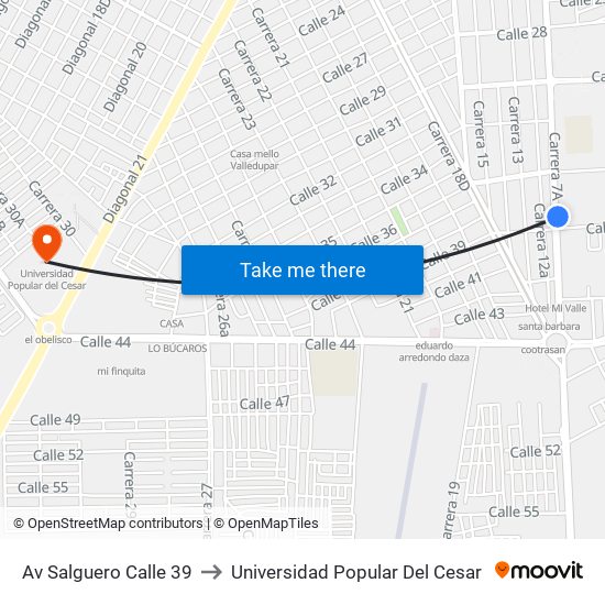 Av Salguero Calle 39 to Universidad Popular Del Cesar map