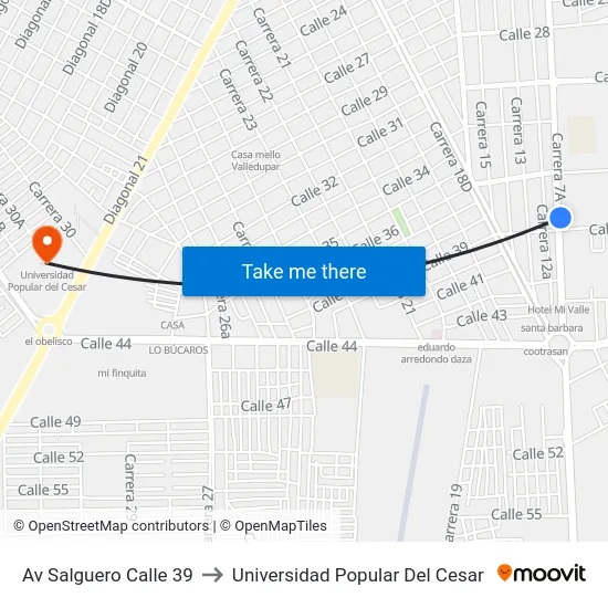 Av Salguero Calle 39 to Universidad Popular Del Cesar map