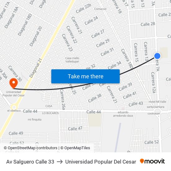 Av Salguero Calle 33 to Universidad Popular Del Cesar map