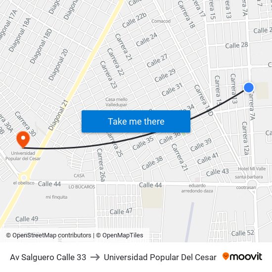 Av Salguero Calle 33 to Universidad Popular Del Cesar map