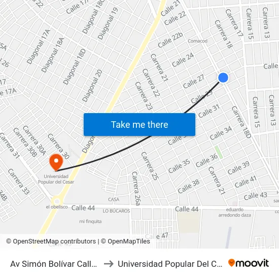 Av Simón Bolívar Calle 28 to Universidad Popular Del Cesar map