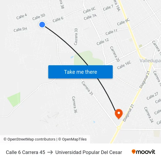 Calle 6 Carrera 45 to Universidad Popular Del Cesar map