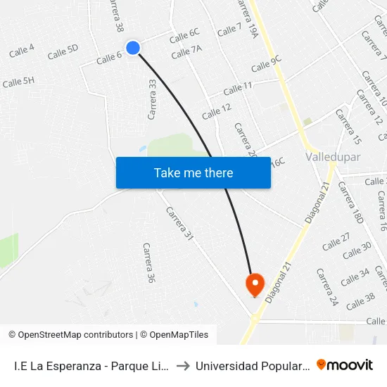 I.E La Esperanza - Parque Lineal La Ceiba to Universidad Popular Del Cesar map