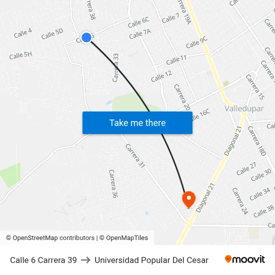 Calle 6 Carrera 39 to Universidad Popular Del Cesar map