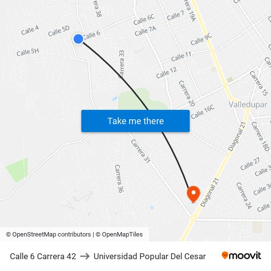 Calle 6 Carrera 42 to Universidad Popular Del Cesar map