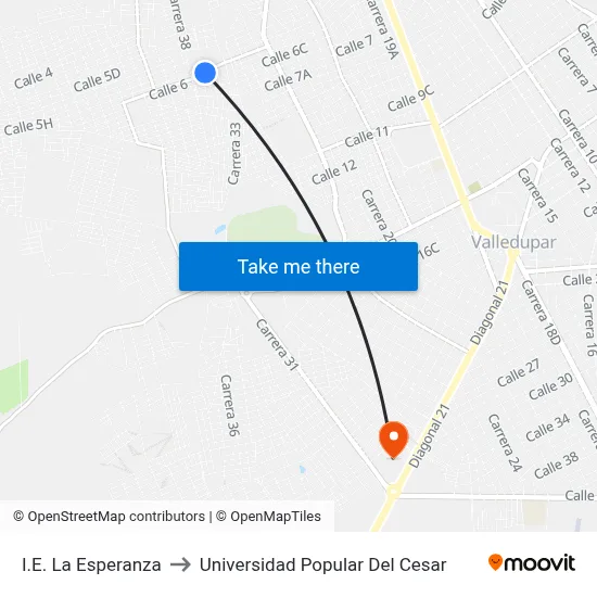 I.E. La Esperanza to Universidad Popular Del Cesar map