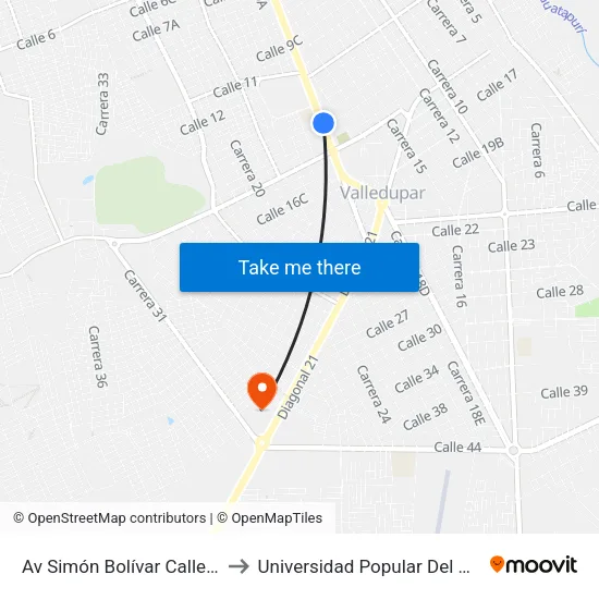 Av Simón Bolívar Calle 13c to Universidad Popular Del Cesar map