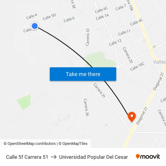 Calle 5f Carrera 51 to Universidad Popular Del Cesar map