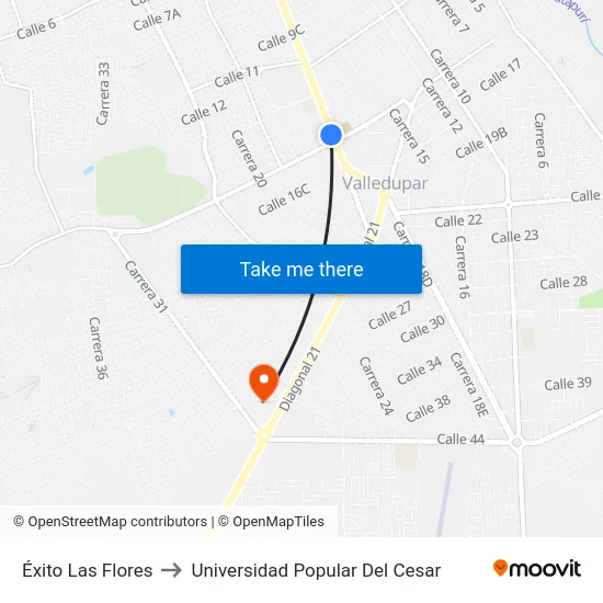 Éxito Las Flores to Universidad Popular Del Cesar map