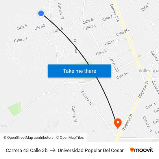 Carrera 43 Calle 3b to Universidad Popular Del Cesar map