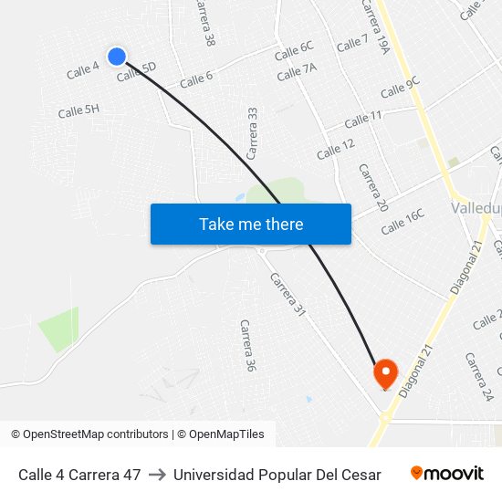 Calle 4 Carrera 47 to Universidad Popular Del Cesar map