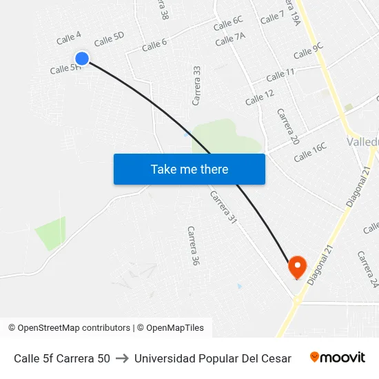 Calle 5f Carrera 50 to Universidad Popular Del Cesar map
