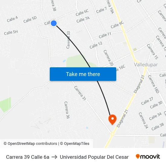Carrera 39 Calle 6a to Universidad Popular Del Cesar map