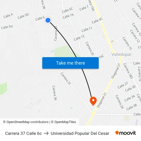 Carrera 37 Calle 6c to Universidad Popular Del Cesar map