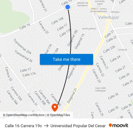Calle 16 Carrera 19c to Universidad Popular Del Cesar map