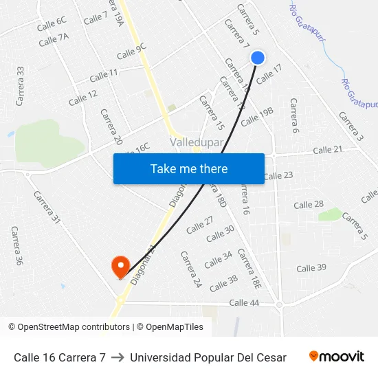 Calle 16 Carrera 7 to Universidad Popular Del Cesar map