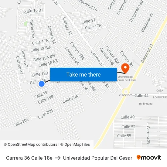 Carrera 36 Calle 18e to Universidad Popular Del Cesar map