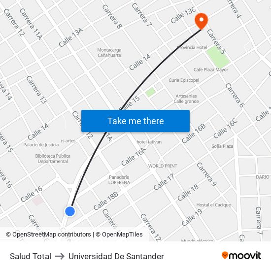 Salud Total to Universidad De Santander map