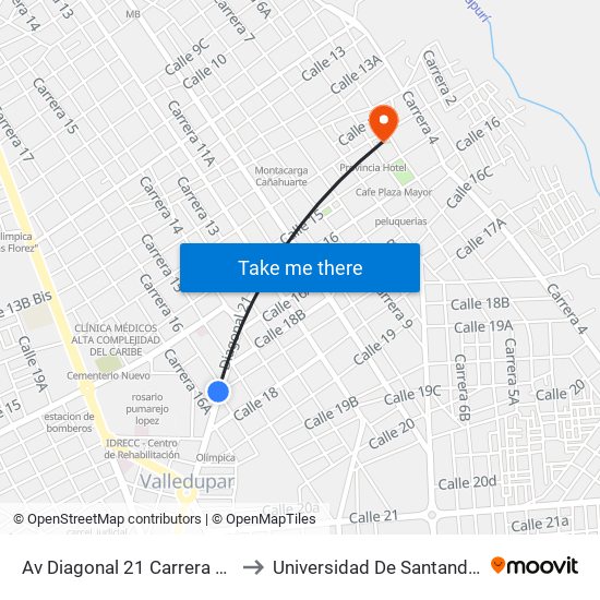 Av Diagonal 21 Carrera 16 to Universidad De Santander map