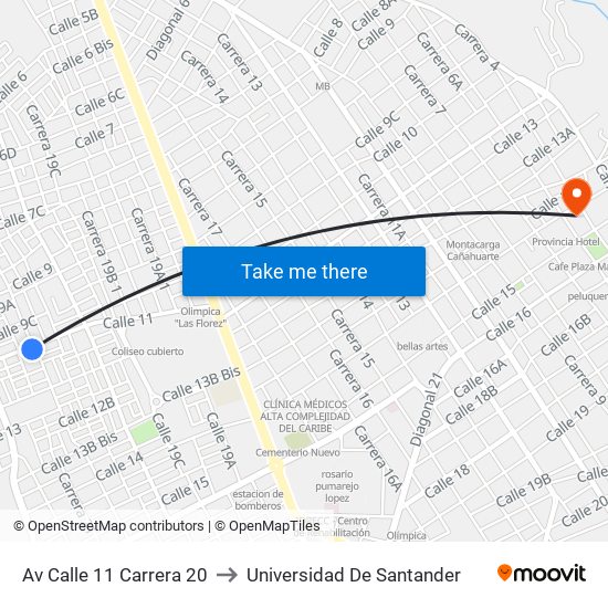 Av Calle 11 Carrera 20 to Universidad De Santander map