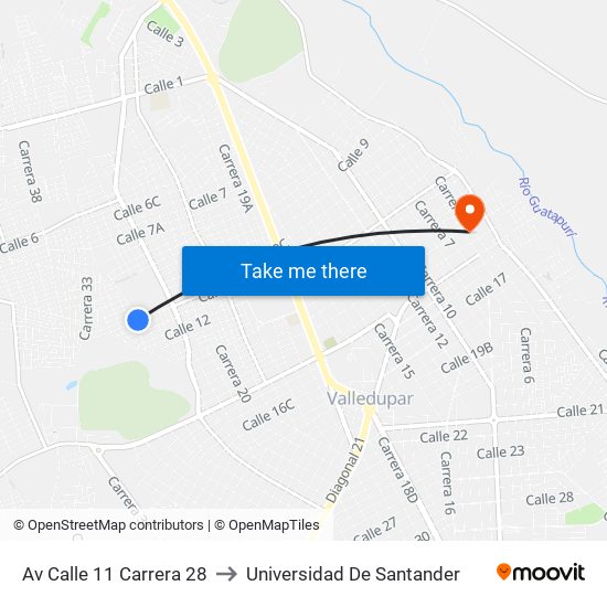 Av Calle 11 Carrera 28 to Universidad De Santander map