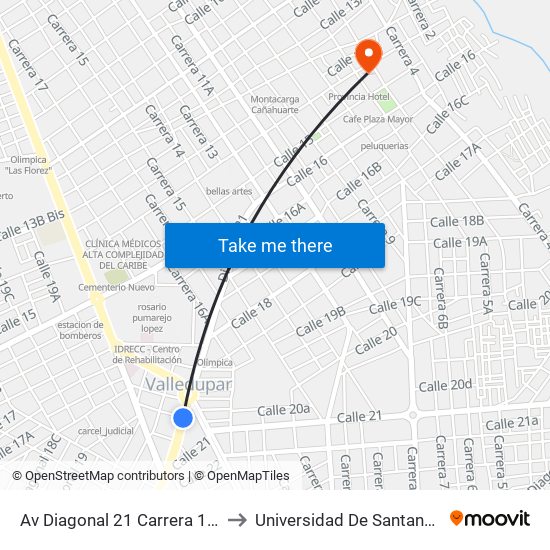 Av Diagonal 21 Carrera 18d to Universidad De Santander map