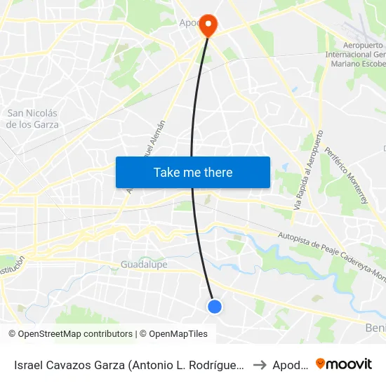 Israel Cavazos Garza (Antonio L. Rodríguez - Los Lirios) to Apodaca map