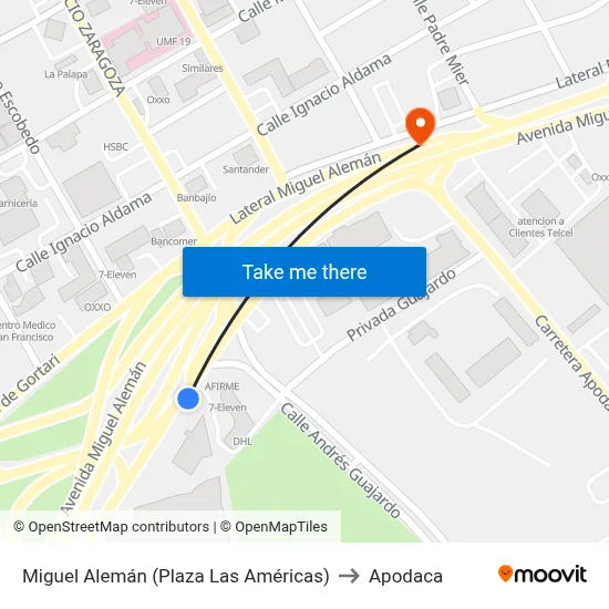 Miguel Alemán (Plaza Las Américas) to Apodaca map