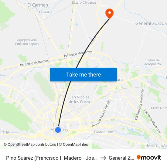 Pino Suárez (Francisco I. Madero - José María Arteaga) to General Zuazua map
