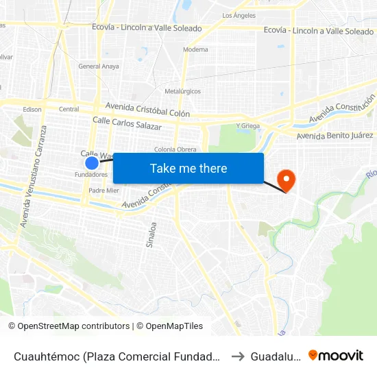 Cuauhtémoc (Plaza Comercial Fundadores) to Guadalupe map