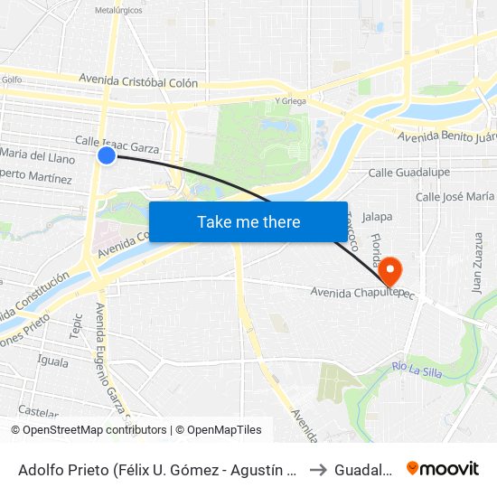 Adolfo Prieto (Félix U. Gómez - Agustín Melgar) to Guadalupe map