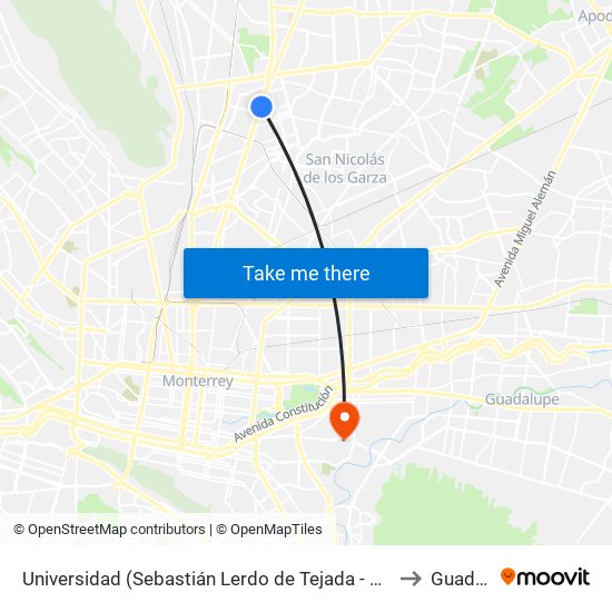 Universidad (Lerdo de Tejada - Anastasio Bustamante) to Guadalupe map