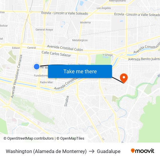 Washington (Alameda de Monterrey) to Guadalupe map