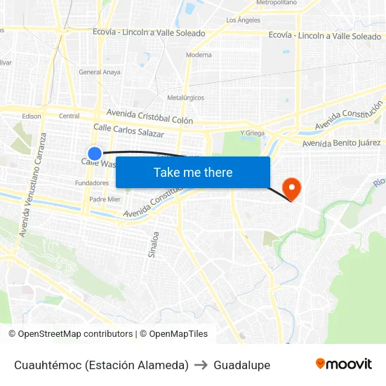 Cuauhtémoc (Estación Alameda) to Guadalupe map