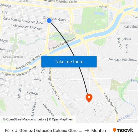 Félix U. Gómez (Estación Colonia Obrera) to Monterrey map