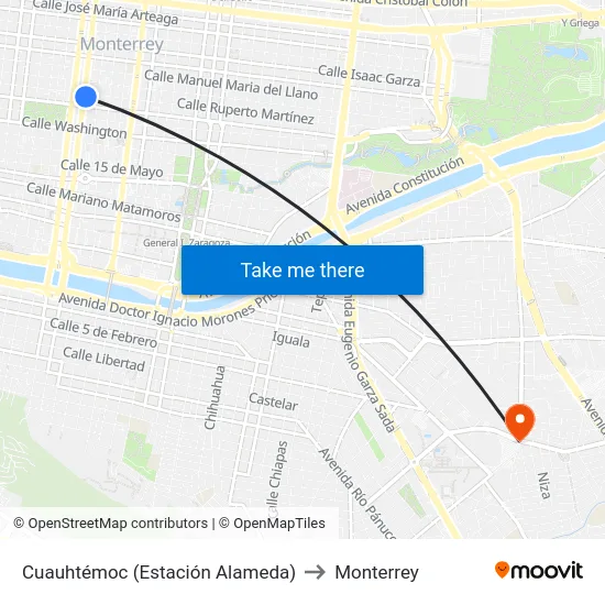Cuauhtémoc (Estación Alameda) to Monterrey map