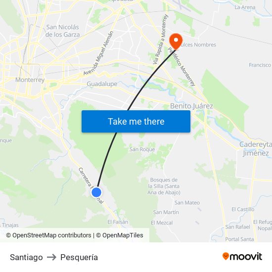 Santiago to Pesquería map